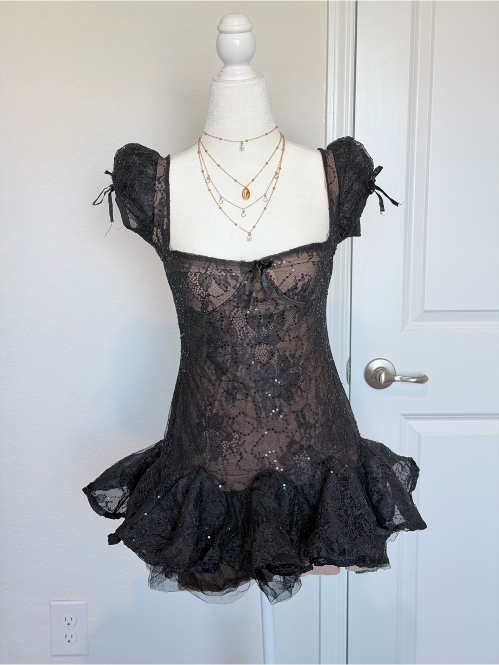 Black Lace Sparkle Puff Sleeve Mini Dress